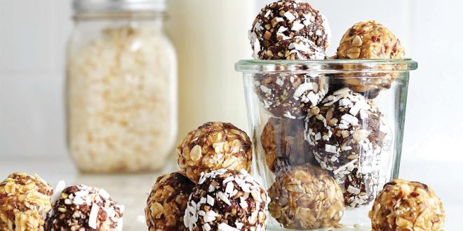 A jar of chocolate snack balls