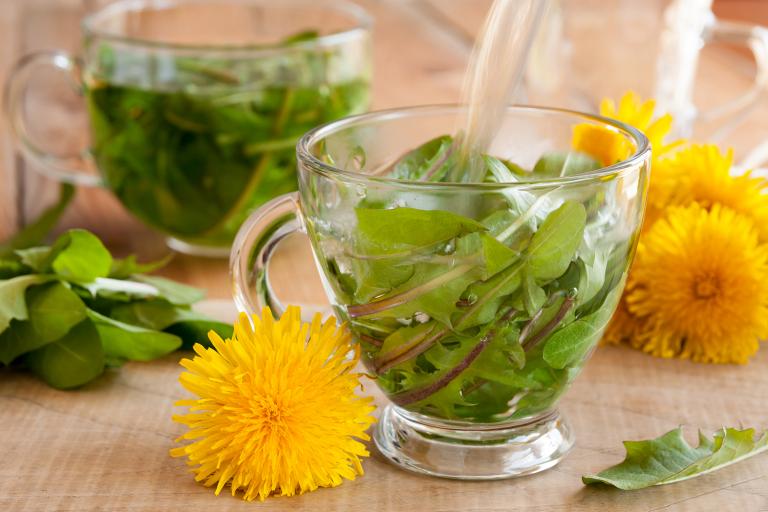 Dandelion tea being prepared as part of herbal detox